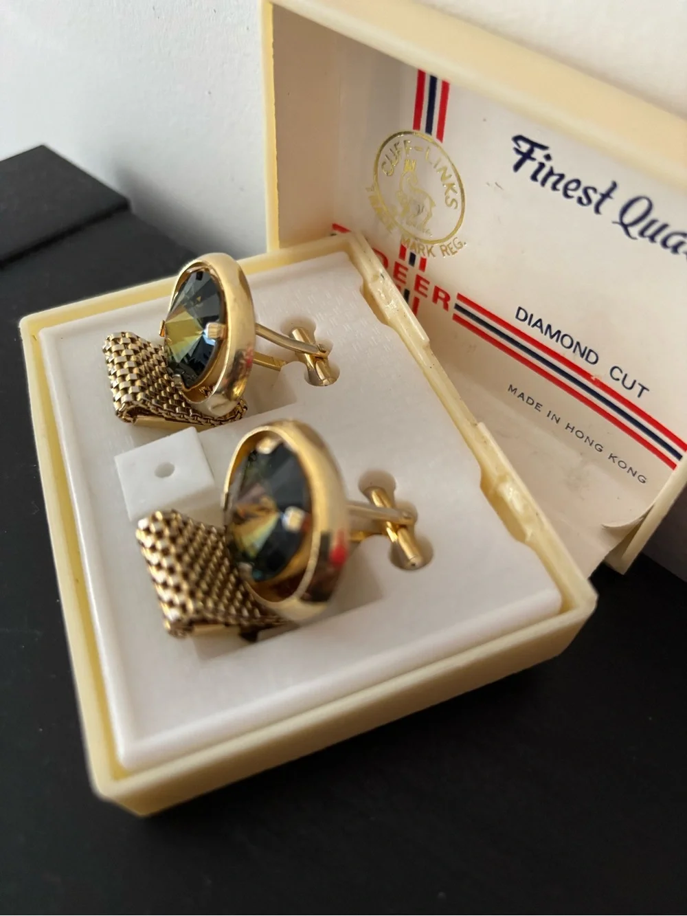 Deer Diamond Cut Gold-Tone Faceted Crystal Cufflinks